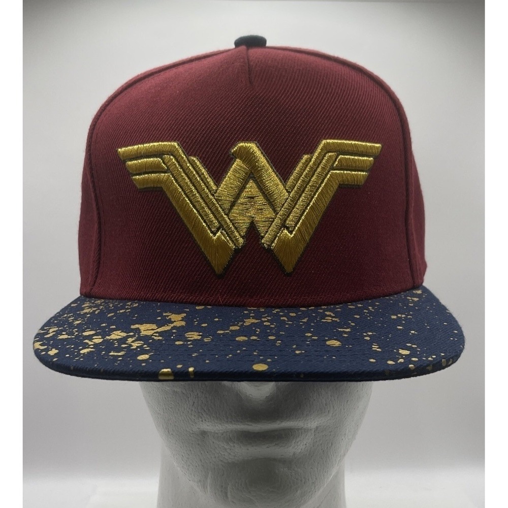 DC Comics Wonder Woman Snapback Hat Women OS Burgundy‎ Gold Splatter Cap
